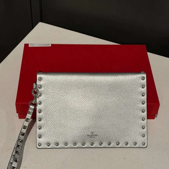 Valentino Silver Rockstud Envelope Clutch Wristlet - Picture 2 of 5